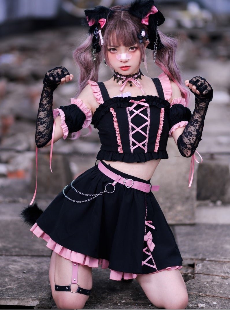 Y2K 黒猫 ピンクと黒の地雷系キュートセットアップ - grimoire