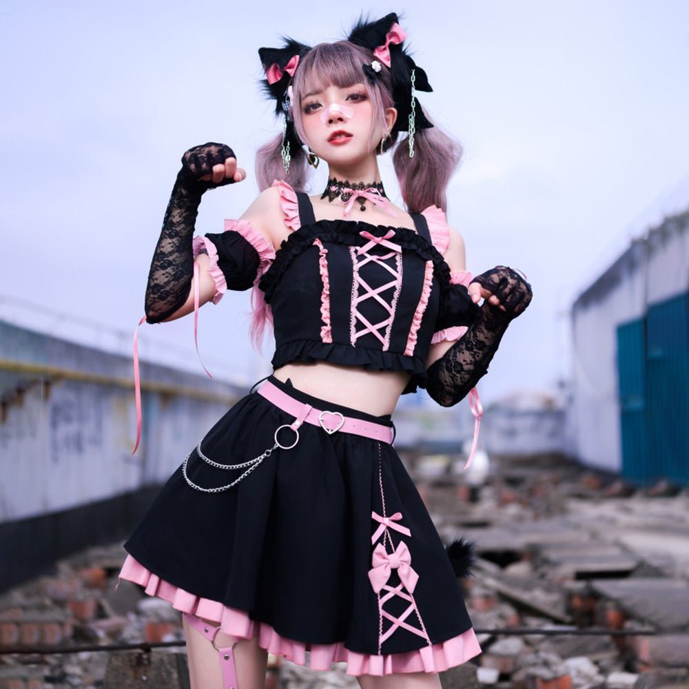 Y2K 黒猫 ピンクと黒の地雷系キュートセットアップ - grimoire