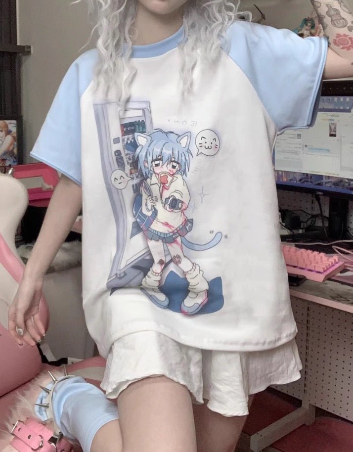Y2Kネコ耳ガールプリント 取り外し袖トップスTシャツ 半袖 長袖2way - grimoire