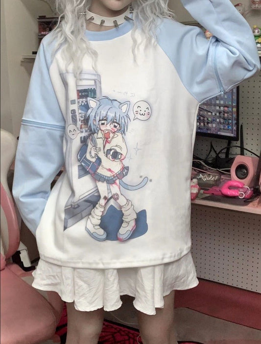 Y2Kネコ耳ガールプリント 取り外し袖トップスTシャツ 半袖 長袖2way - grimoire