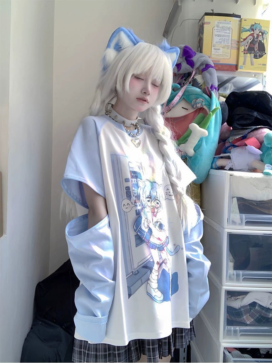 Y2Kネコ耳ガールプリント 取り外し袖トップスTシャツ 半袖 長袖2way - grimoire