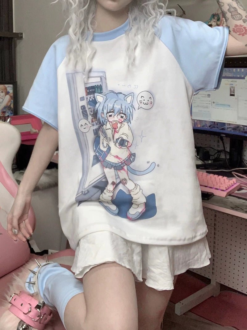 Y2Kネコ耳ガールプリント 取り外し袖トップスTシャツ 半袖 長袖2way - grimoire