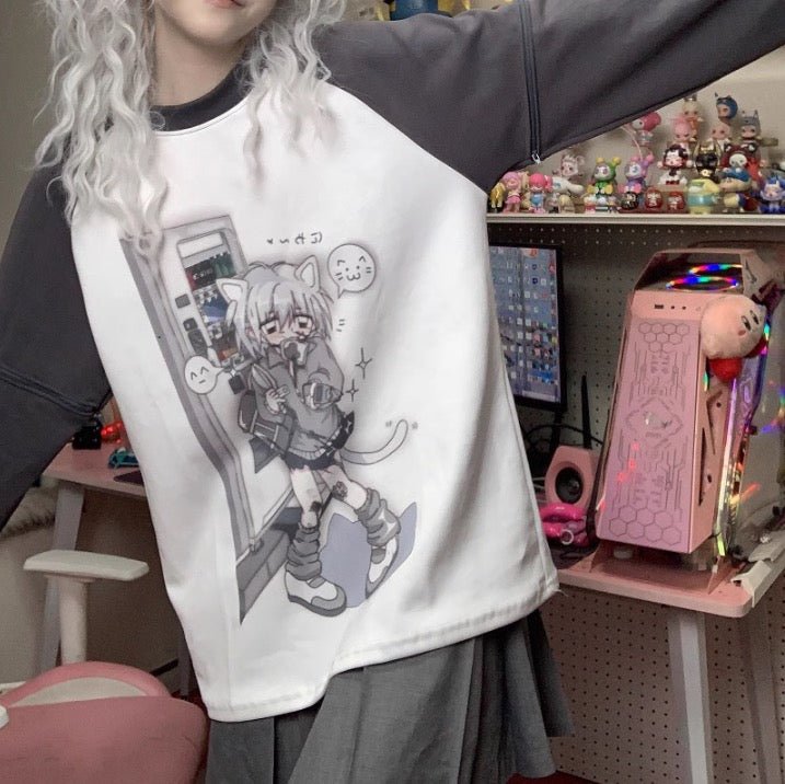 Y2Kネコ耳ガールプリント 取り外し袖トップスTシャツ 半袖 長袖2way - grimoire