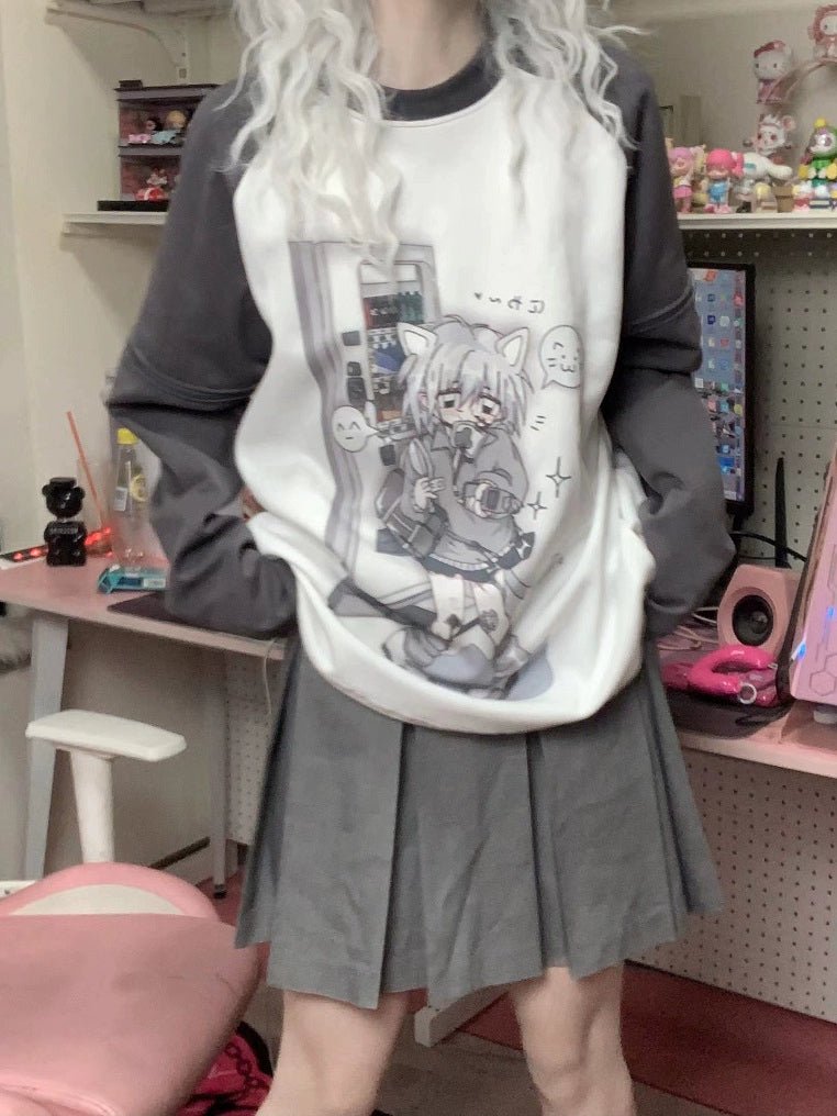 Y2Kネコ耳ガールプリント 取り外し袖トップスTシャツ 半袖 長袖2way - grimoire