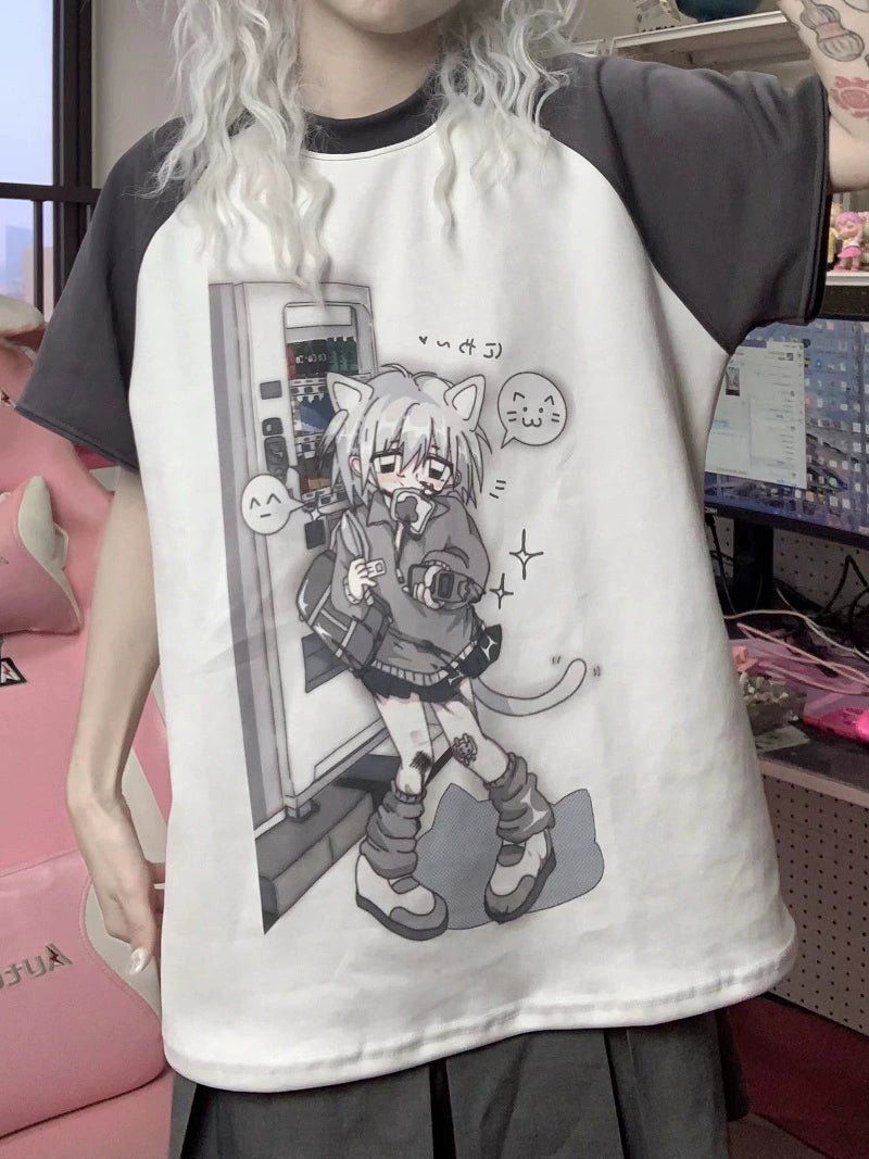 Y2Kネコ耳ガールプリント 取り外し袖トップスTシャツ 半袖 長袖2way - grimoire