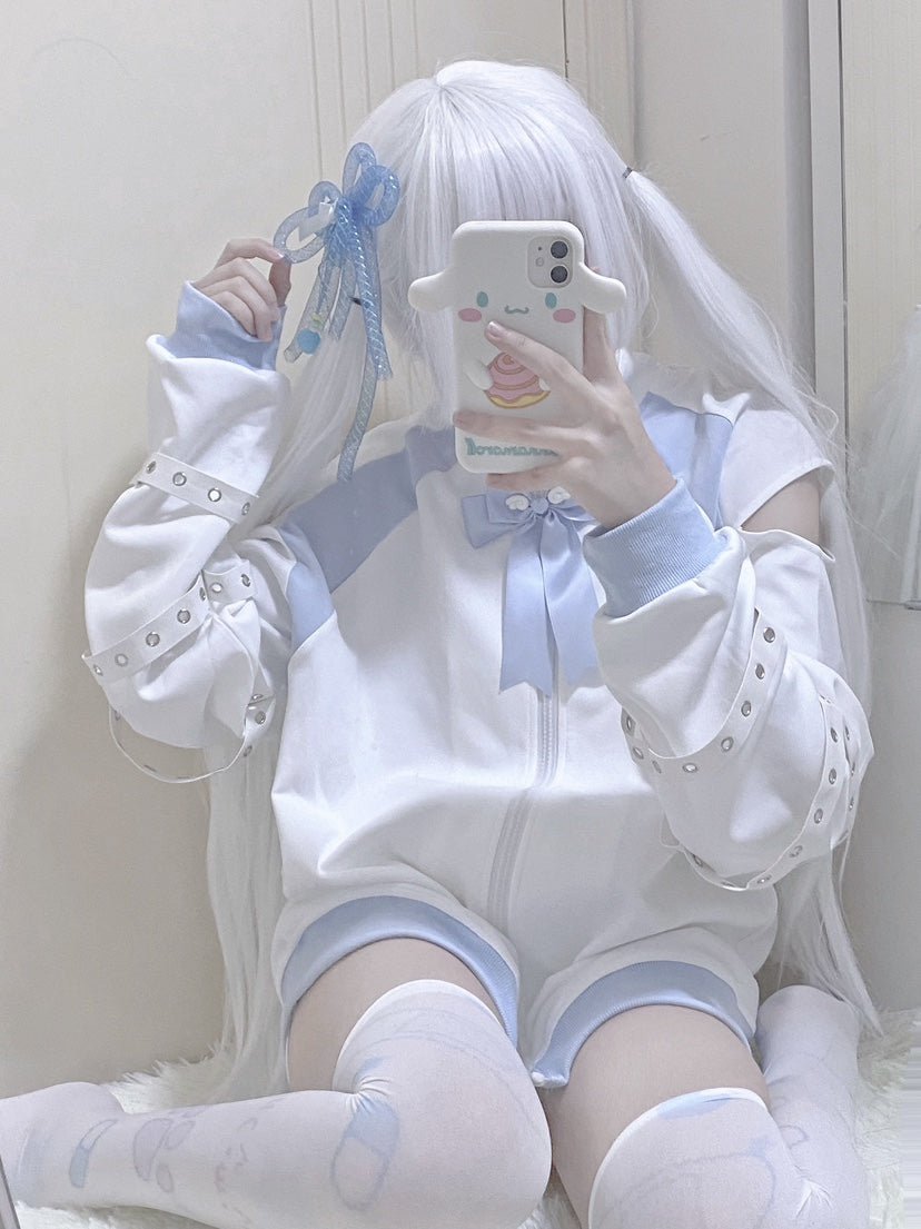 天使界隈 水色界隈 ハイネック肩出しジャージZIPジャケット 白水色 - grimoire