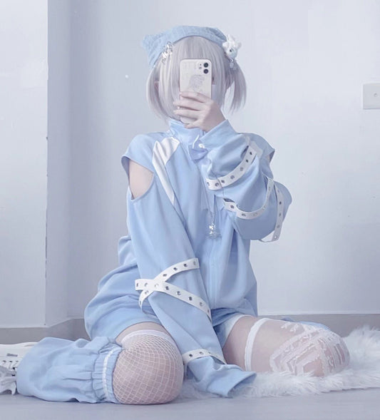 天使界隈 水色界隈 ハイネック肩出しジャージZIPジャケット 白水色 - grimoire