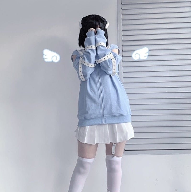 天使界隈 水色界隈 ハイネック肩出しジャージZIPジャケット 白水色 - grimoire