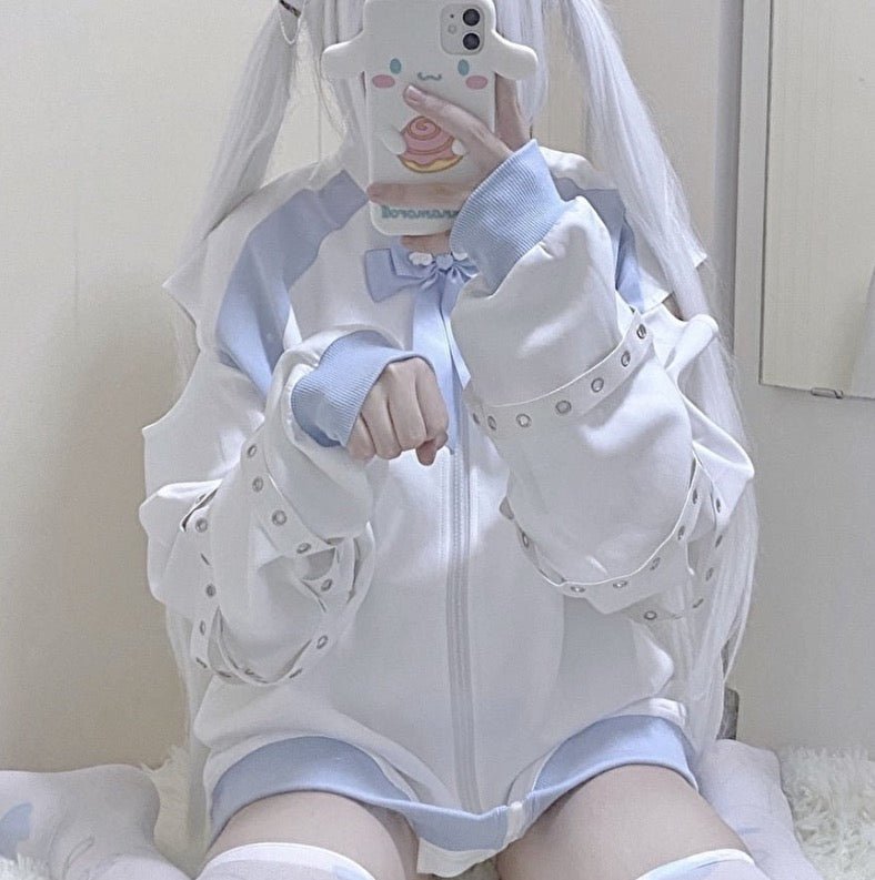 天使界隈 水色界隈 ハイネック肩出しジャージZIPジャケット 白水色 - grimoire