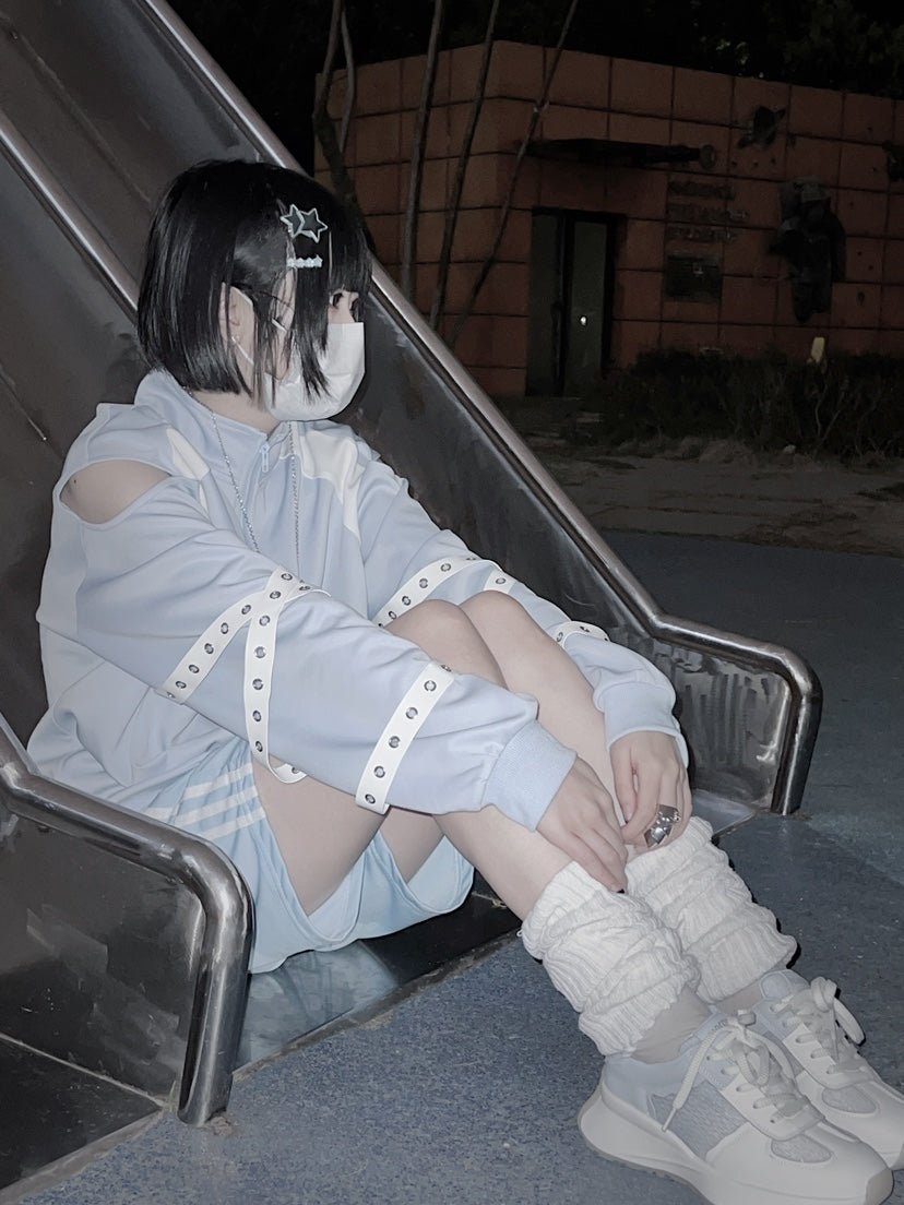 天使界隈 水色界隈 ハイネック肩出しジャージZIPジャケット 白水色 - grimoire