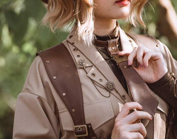 スチームパンクの服　ビクトリア時代のデザインイメージネクタイ　茶色　真鍮風金具