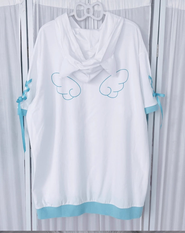 半袖　リボン編み上げ　天使界隈　水色　水色界隈　サブカル系　 地雷系女子　ジャージの服　レディース　白と水色のバイカラー