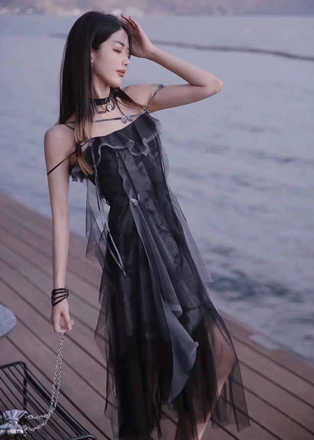 JZ Craftsman "robe Fengshen Sha" robe de fée 2023 nouveau Style été longue robe avec bretelles françaises irrégulières pour les femmes 