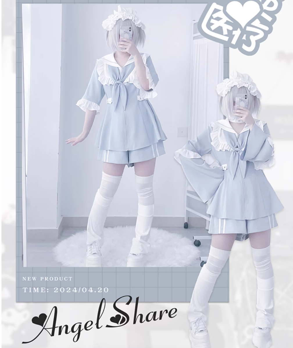 ★即納★XL 国内発送入荷！セーラー衿パーカートップスとハーフパンツセットアップ長袖と半袖、2way