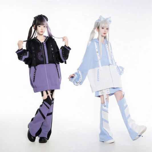Y3K天使界隈 猫耳ジャージセットアップ – 水色系統サブカル近未来コーデ