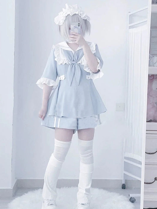 ★Immediate delivery★XL Domestic shipping in stock! Sailor collar hoodie top and shorts set up long sleeve and short sleeve, 2way