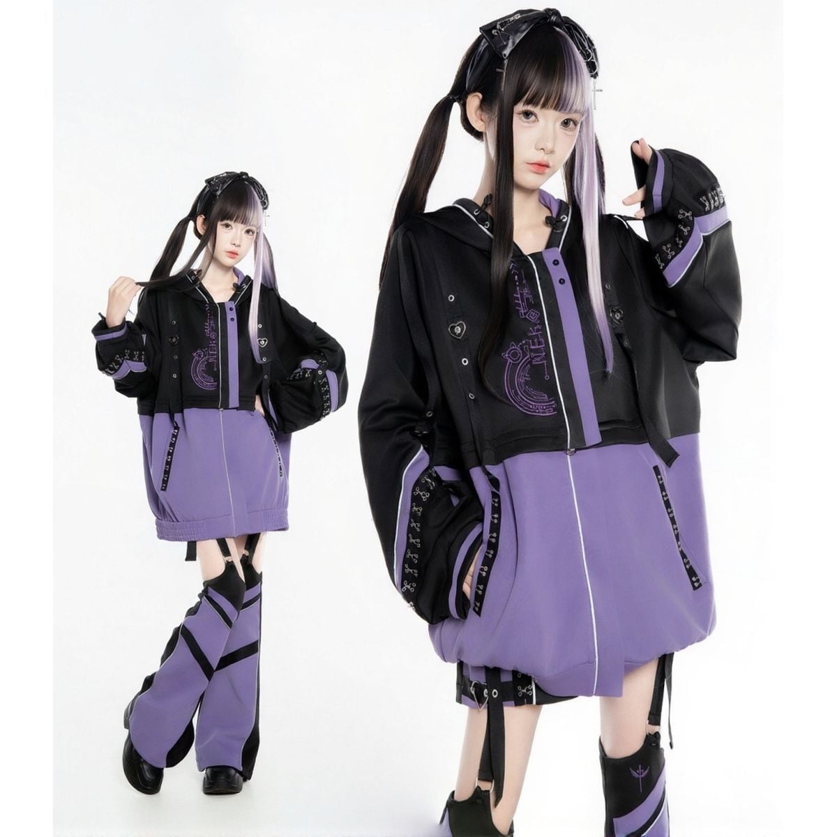 Y3K天使界隈 猫耳ジャージセットアップ – 水色系統サブカル近未来コーデ