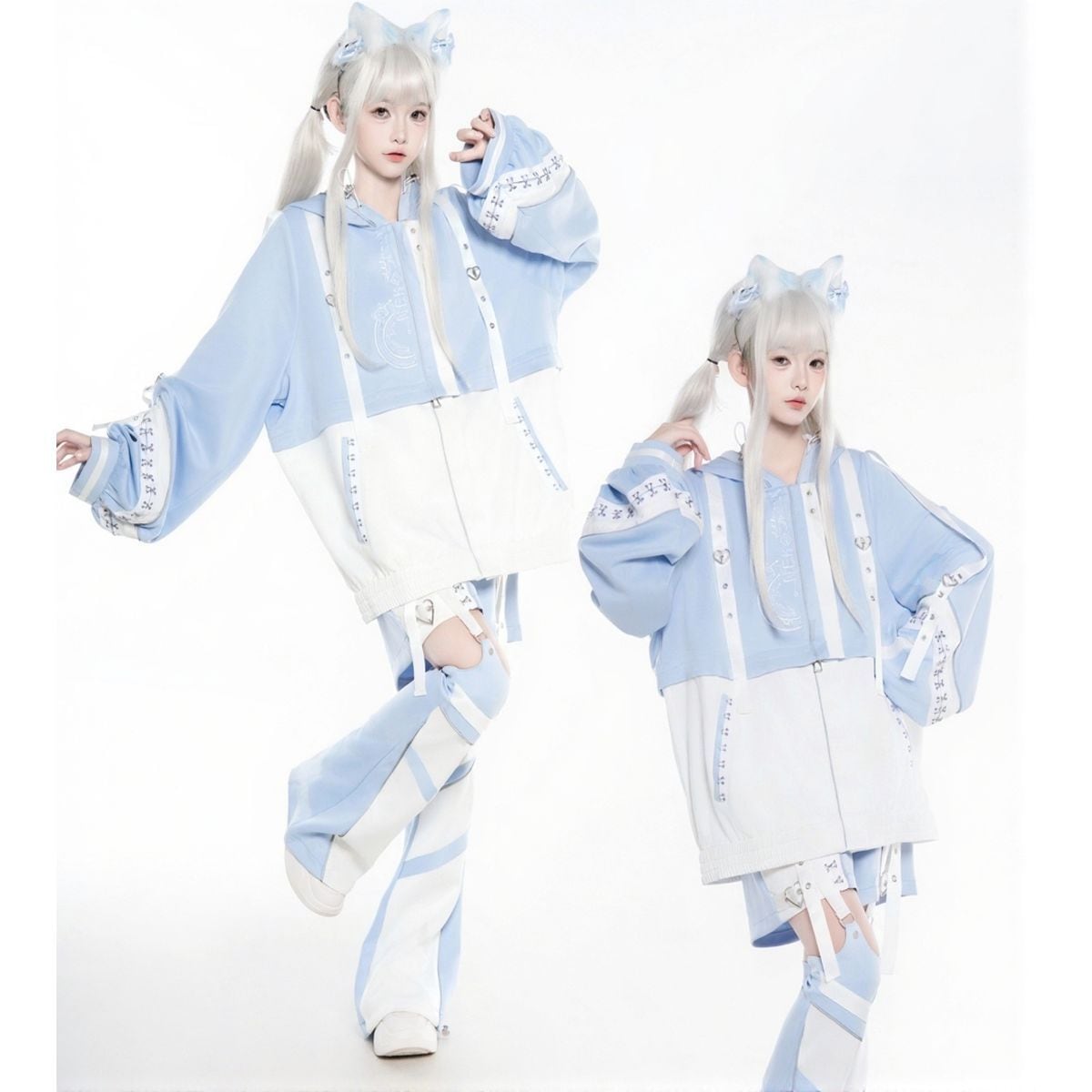 Y3K天使界隈 猫耳ジャージセットアップ – 水色系統サブカル近未来コーデ