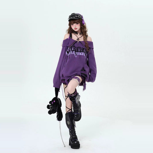 【Y2K】肩出しダメージニット｜オフショル×フリンジで映えるパンクトップス