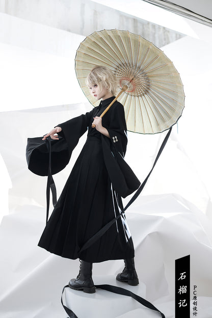 Jupe taille haute broderie kanji style ermite fantaisie chinoise noir de jais