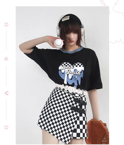 Overseas girl monotone Y2K fashion black and white checker pattern set 