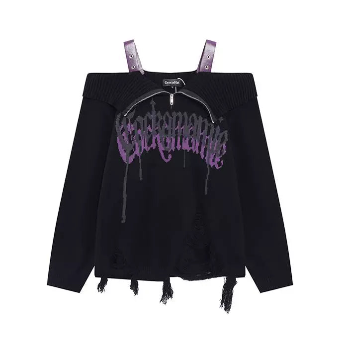 【Y2K】肩出しダメージニット｜オフショル×フリンジで映えるパンクトップス