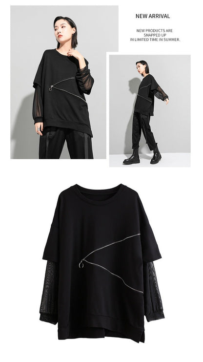 Zip design layered style top sleeve see-through street mode fashion black