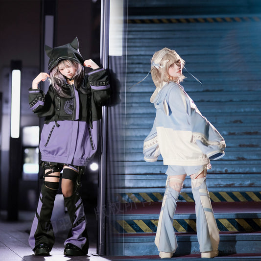 Y3K天使界隈 猫耳ジャージセットアップ – 水色系統サブカル近未来コーデ