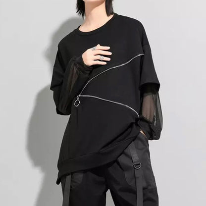 Zip design layered style top sleeve see-through street mode fashion black
