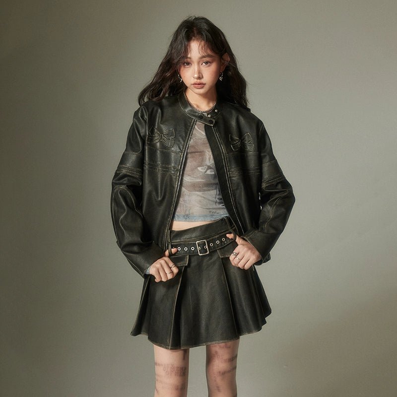 diddi moda ribbon retro leather jacket riders – 個性的な