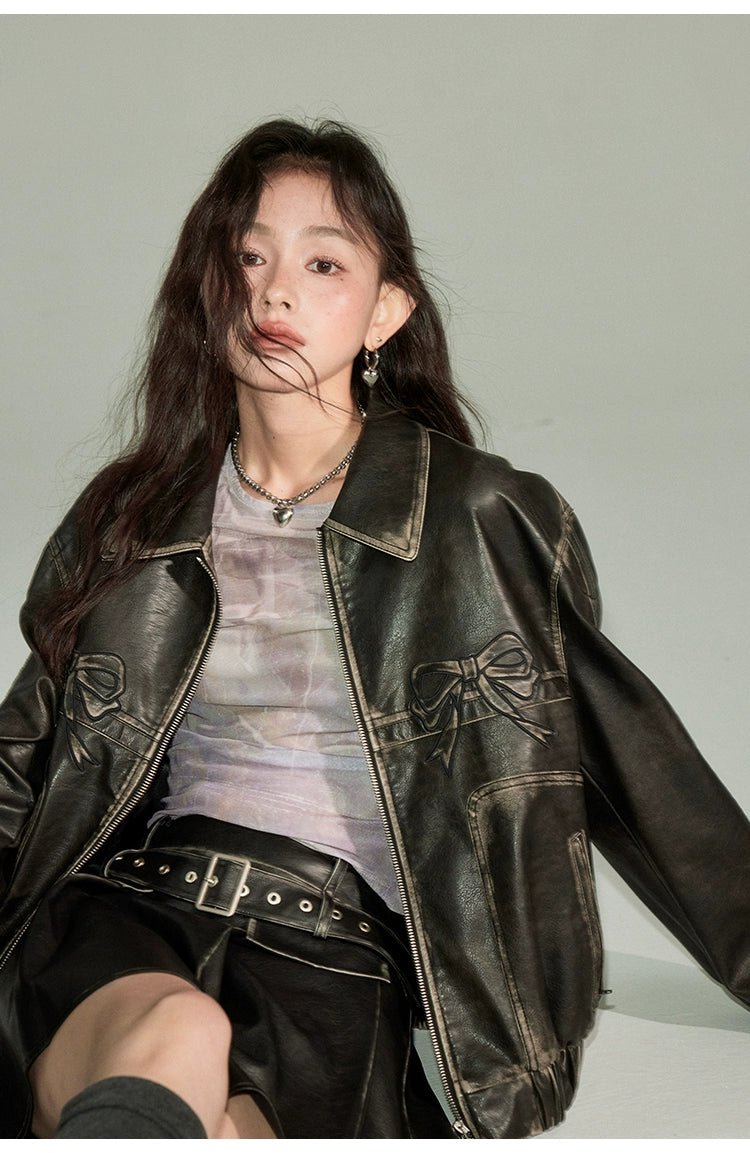 DIDDI MODA 黒 レザー ジャケット リボン付き DIDDI MODA 甘くてかっこいいリボンレトロ ブラックレザー