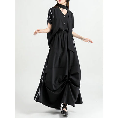 Black Tuck Stripe Tuck Gathered Mode Long Skirt &amp; Blouse