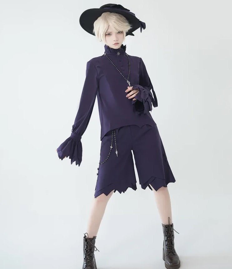 Prince style: Handkerchief cuff stand-up collar blouse and irregular hem shorts - grimoire