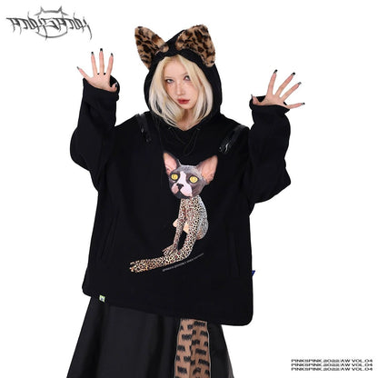 Sphinx Leopard Print Cat Ear Hoodie Sweatshirt grimoire