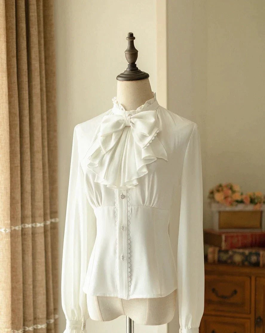 Lady-like white bowtie frill blouse with long sleeves and stand-up col –  grimoire