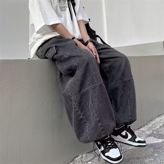 ヴィンテージ加工デニム ワイドデニムパラシュートカーゴパンツ サイドポケット裾ドローコード - grimoire