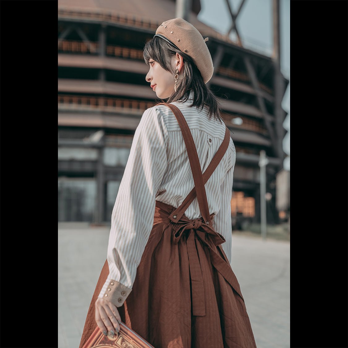 ALGONQUINS フリルブラウス ストライプ　ジャボタイ取り外し可能 NATURAL BEAUTY】ギャザー＆フリル取り外しブラウス/パープル