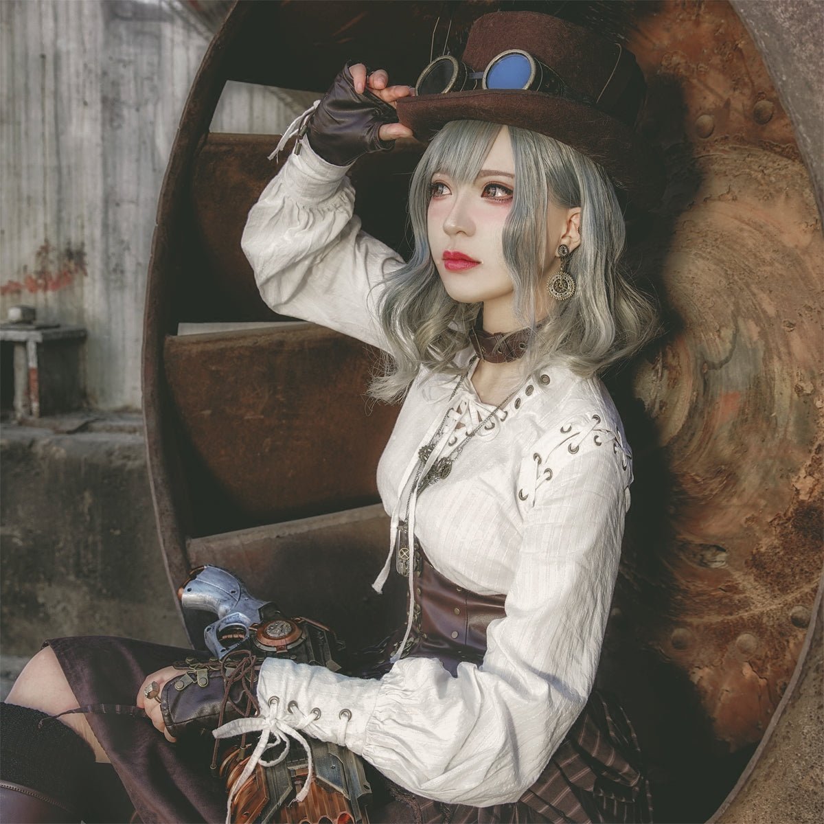 steampunk 編み上げVネックブラウス スチームパンクファッション - grimoire