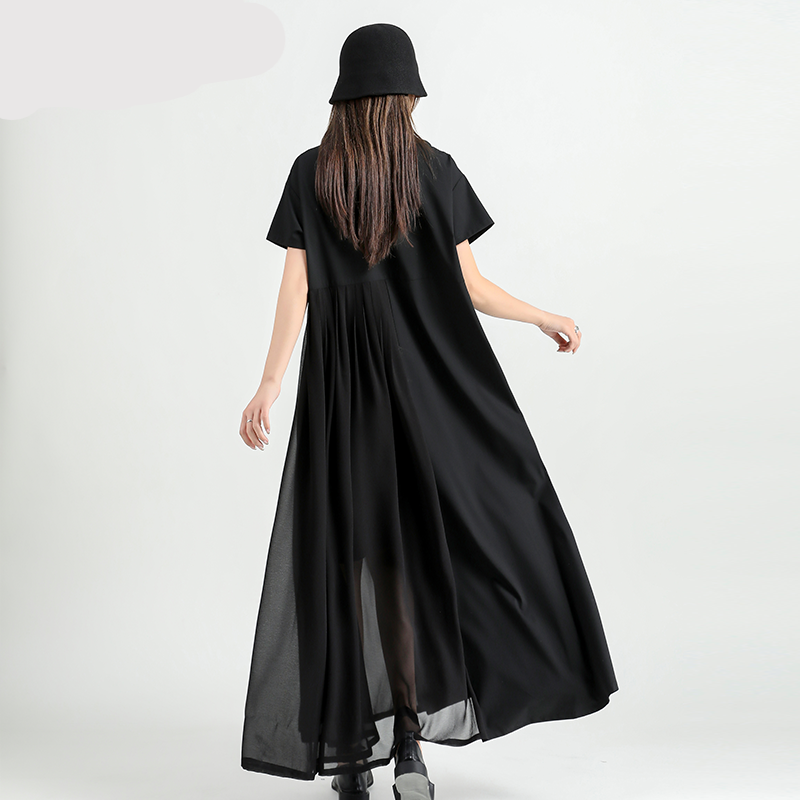 ハーフプリーツシフォン シャツワンピース 黒 モード系ファッションワンピース