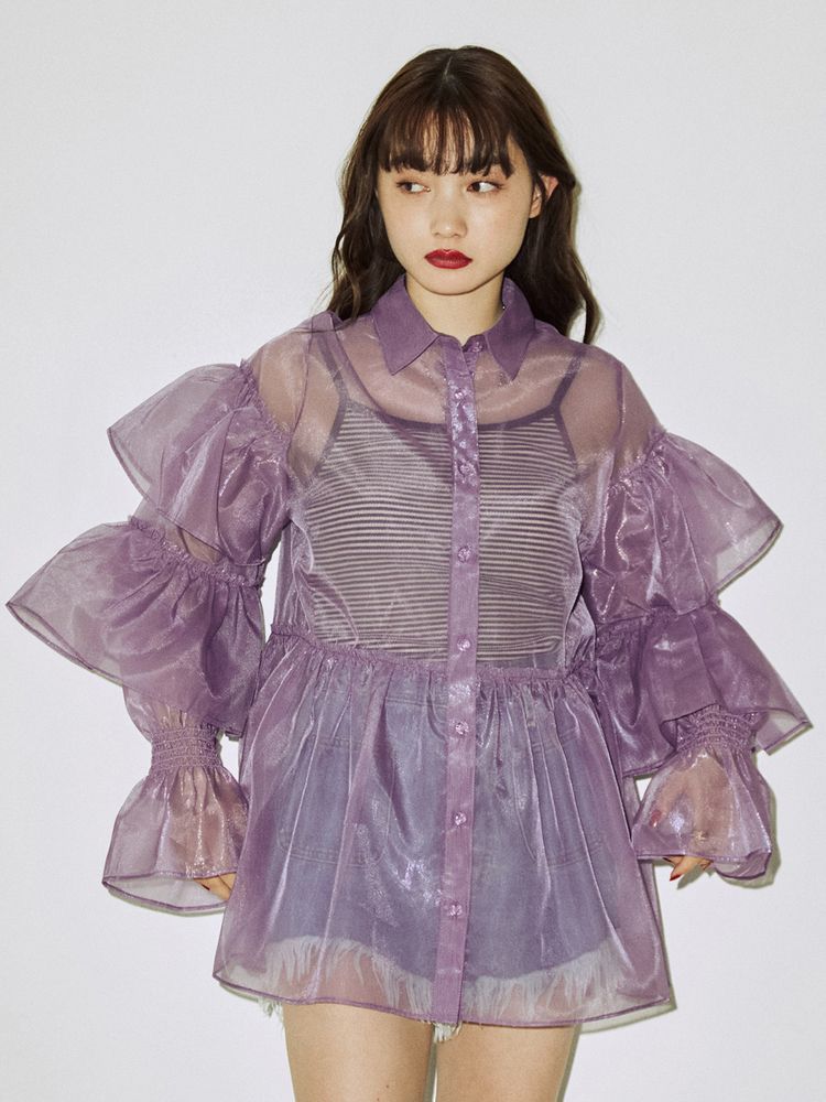 Sheer tiered frill shirt See-through lace sleeve shirt