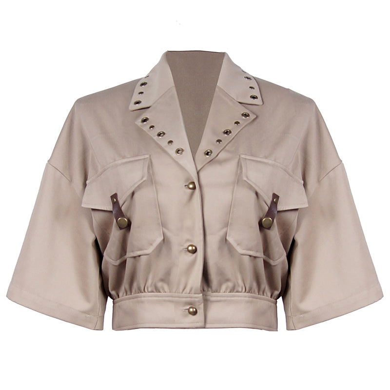 スチームパンクの服　ビクトリア時代のデザインイメージ半袖シャツジャケット　ショート丈　茶色　真鍮風金具