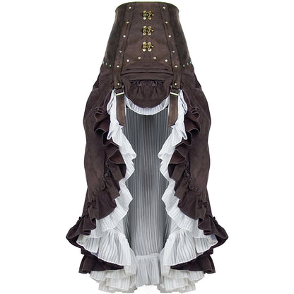 スチームパンクの服　ビクトリア時代のデザインイメージのフリルスカート　真鍮風ボタンとベルト使いのデザイン性が高いロングスカート