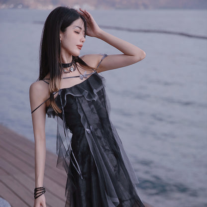 JZ Craftsman "robe Fengshen Sha" robe de fée 2023 nouveau Style été longue robe avec bretelles françaises irrégulières pour les femmes 