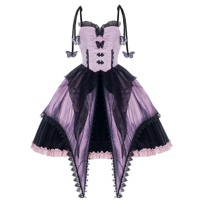 Robe Lolita Gothique à Volants Dentelle Motif Papillon Rose pour la Sorcière Papillon