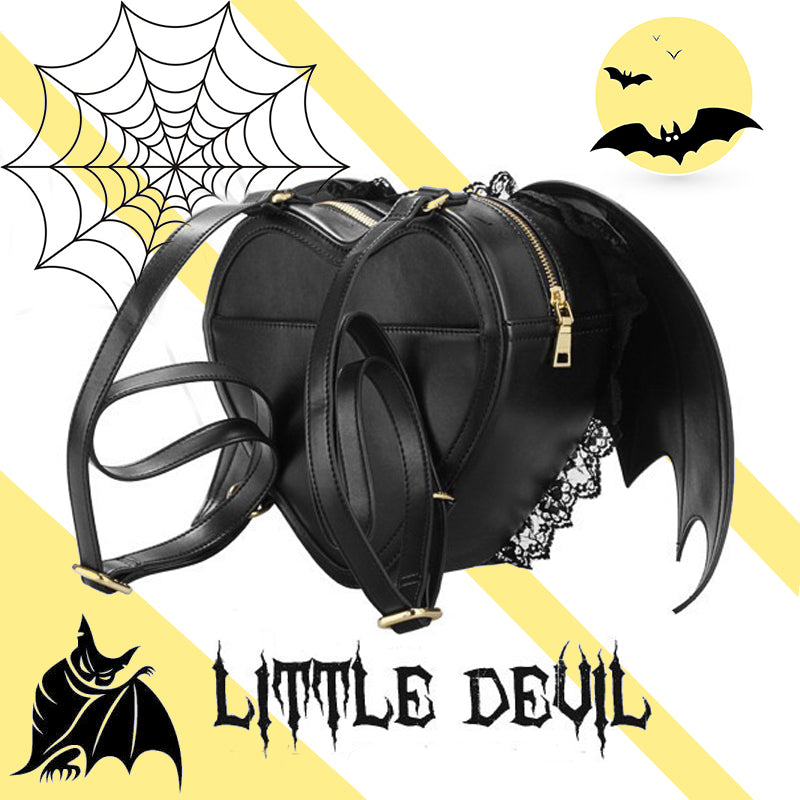 A causative-style black winged bat mini rucksack.