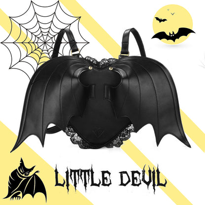 A causative-style black winged bat mini rucksack.